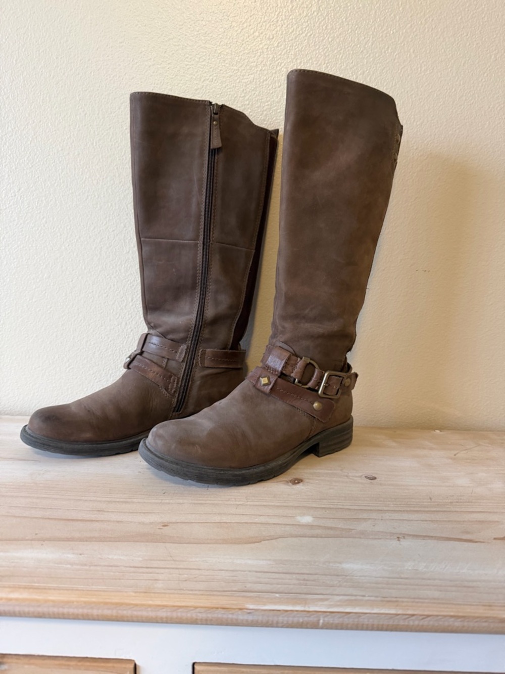 Earth brand Brown Over-the-Knee Leather Boots with Buckle Detail